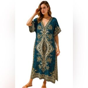 Phases Boho Caftan Maxi Dress One Size Blue Black Floral Ethnic Drawstring